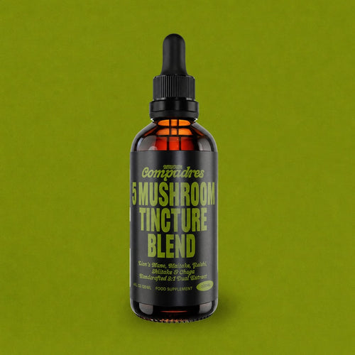 Bottle of 5 Mushroom Tincture Blend on a green background