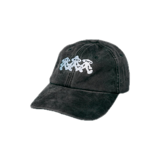 Mushroom Compadres black cap with three embroidered mushrooms, front view